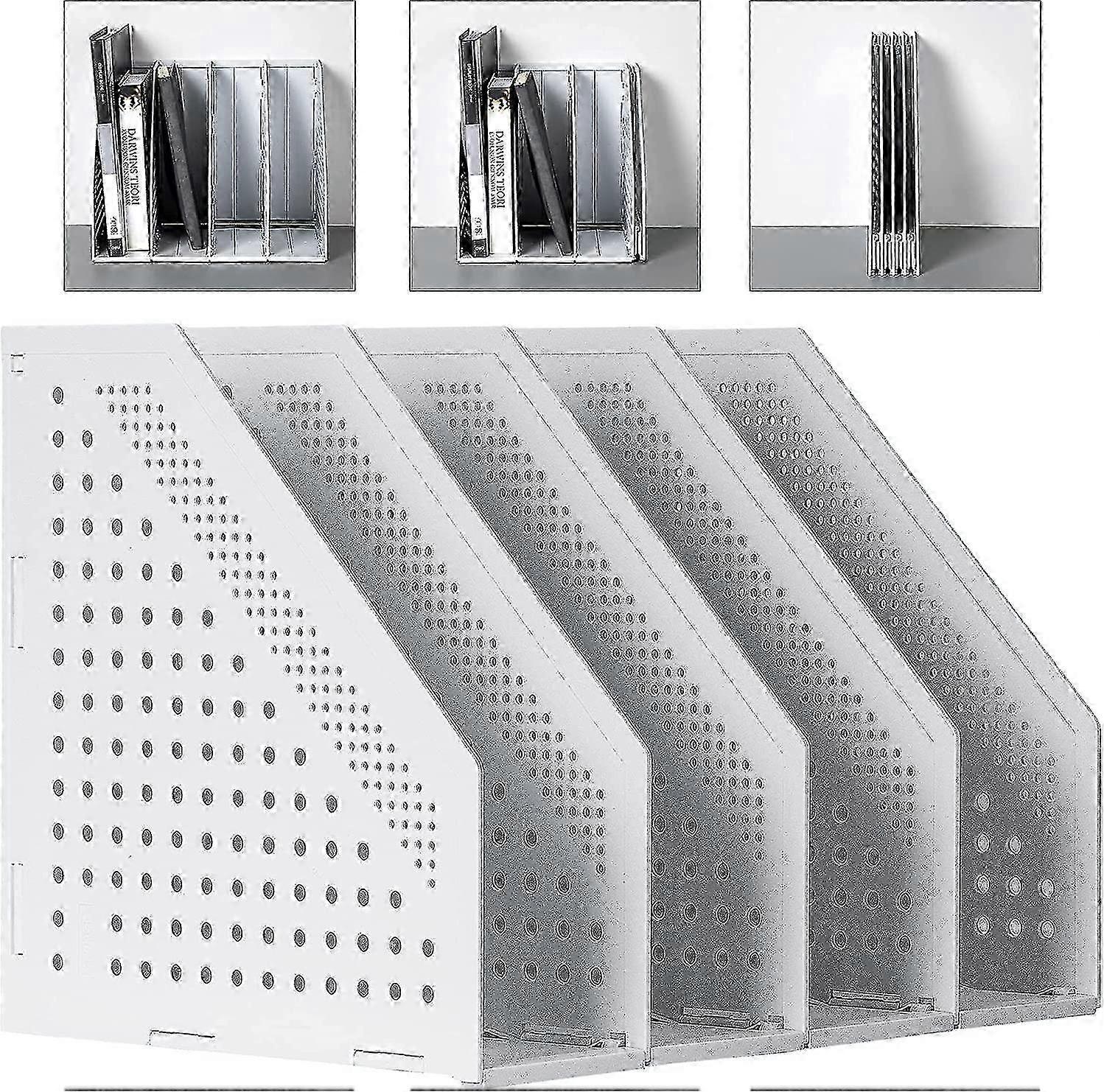 A4 File Holder Folding Bookshelf, 4 Compartments Magazine Organizer, Desk Storage (Light Gray)