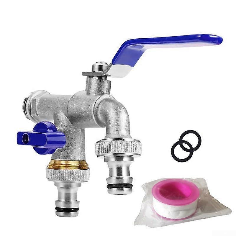 Garden Copper Faucet Set, 1.27 cm Water Nozzle, Dual Water Outlets for Garden, Car Cleaning, Irrigation System (Blue)