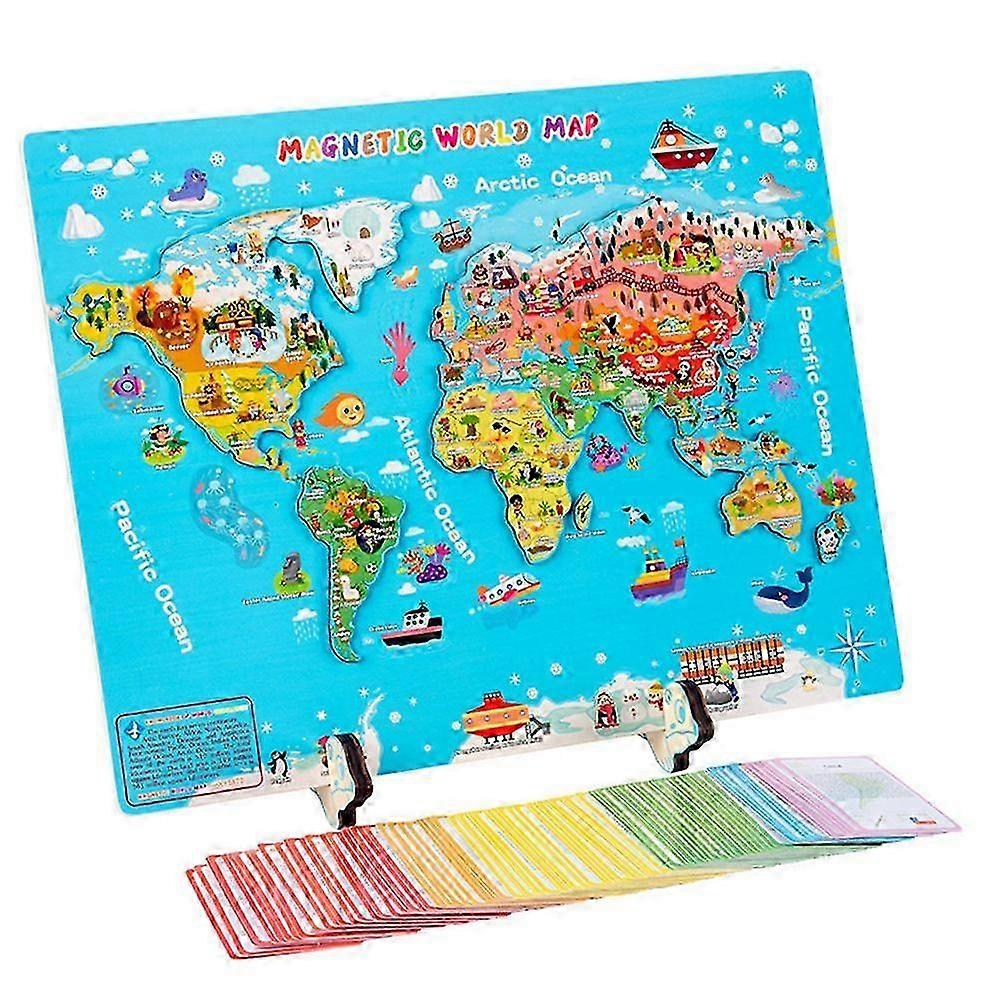Magnetic World Map Puzzle for Kids, Wooden Puzzle with Country Flashcards and National Flags, Educational Learning Toy