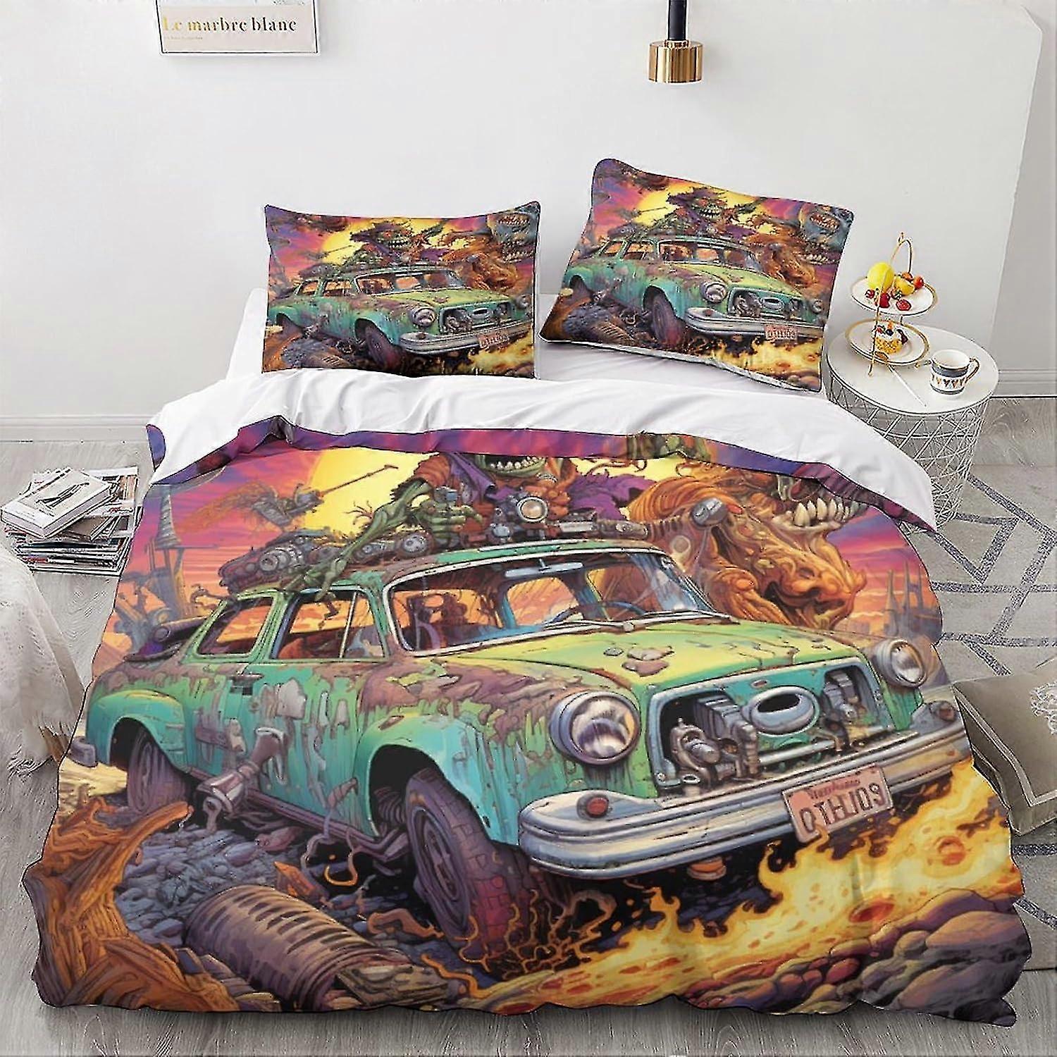 Double Vintage Car Pattern Duvet Cover Bedding Set Soft Lightweight Microfiber Cartoon Quilt Cover with Zipper Closure