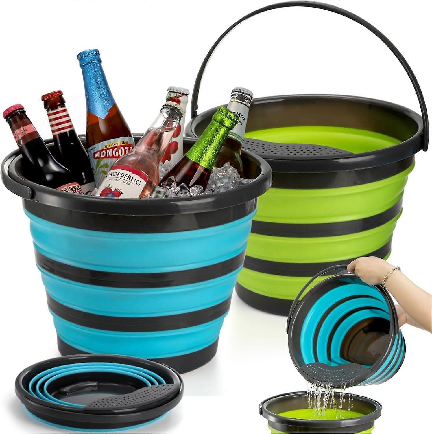 ZENGO 2 Pack Collapsible Bucket, 2.6 Gallon Foldable Round Tub with Removable Filter, Gardening Bucket for Watering Cleaning