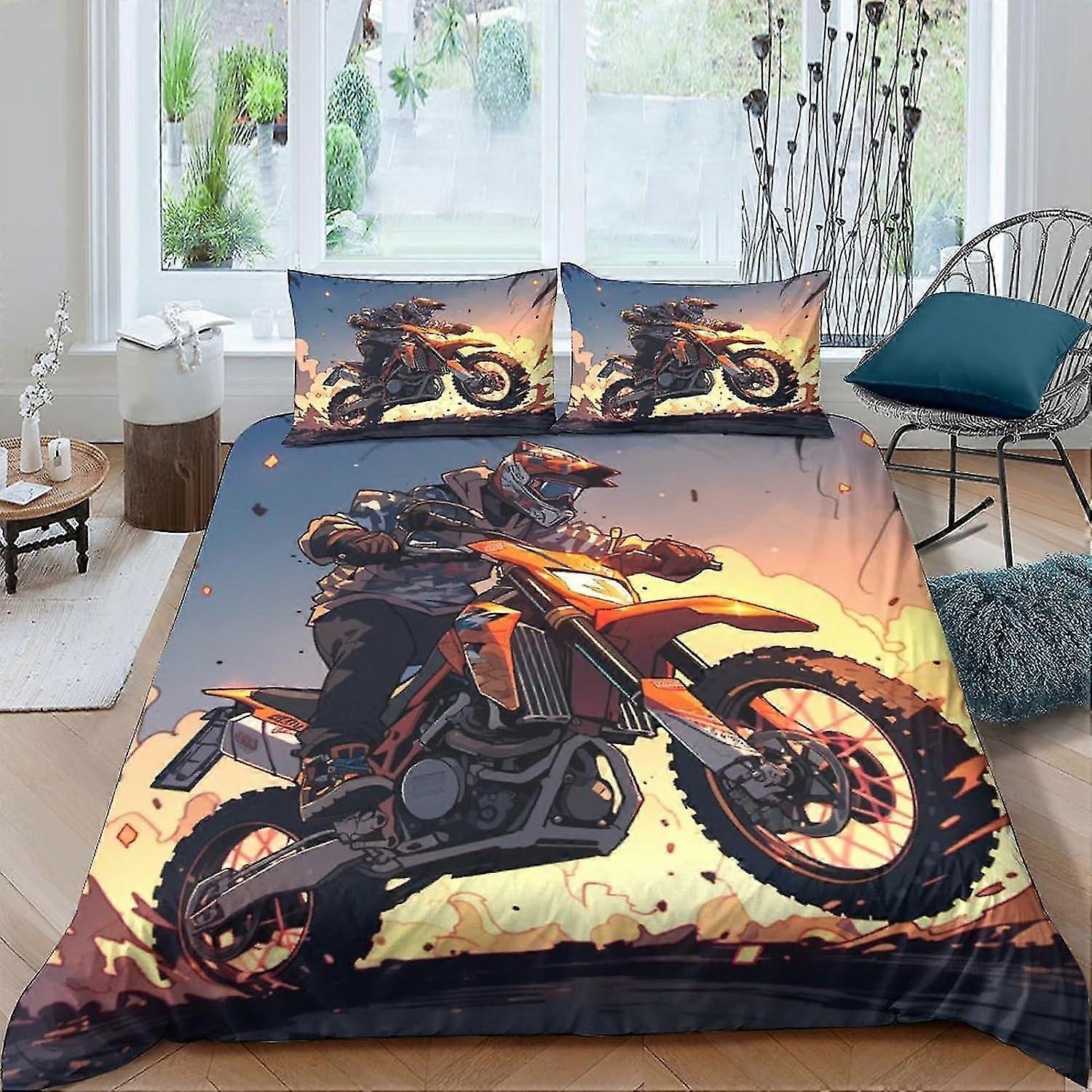 Motocross Printed Bedding Set 3 Pcs Soft Microfiber Comforter Cover with Pillowcases and Zipper Closure