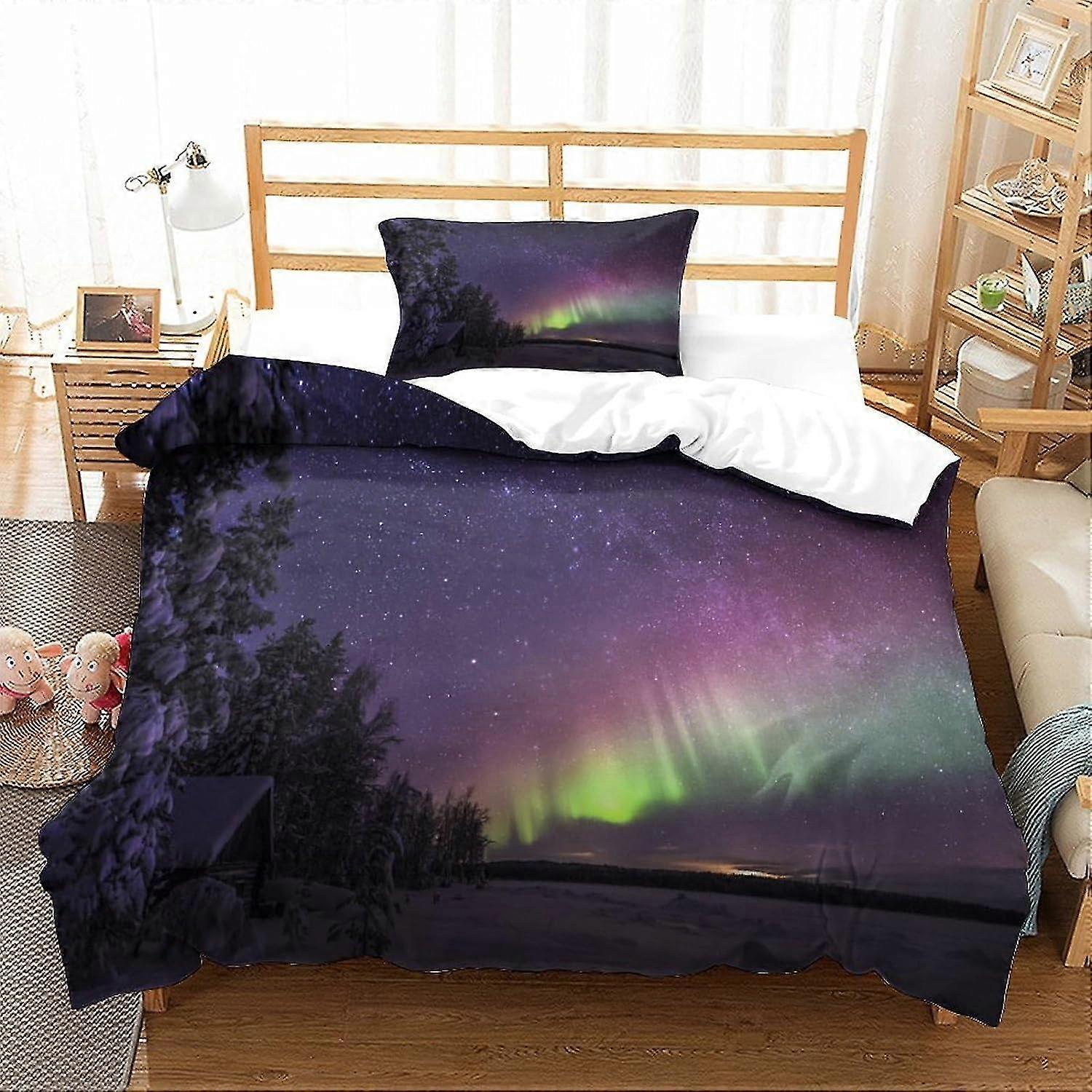 Aurore boréale 3D ensemble de literie, housse de couette douce 100 % microfibre 2 pièces, adaptée pour simple double king size