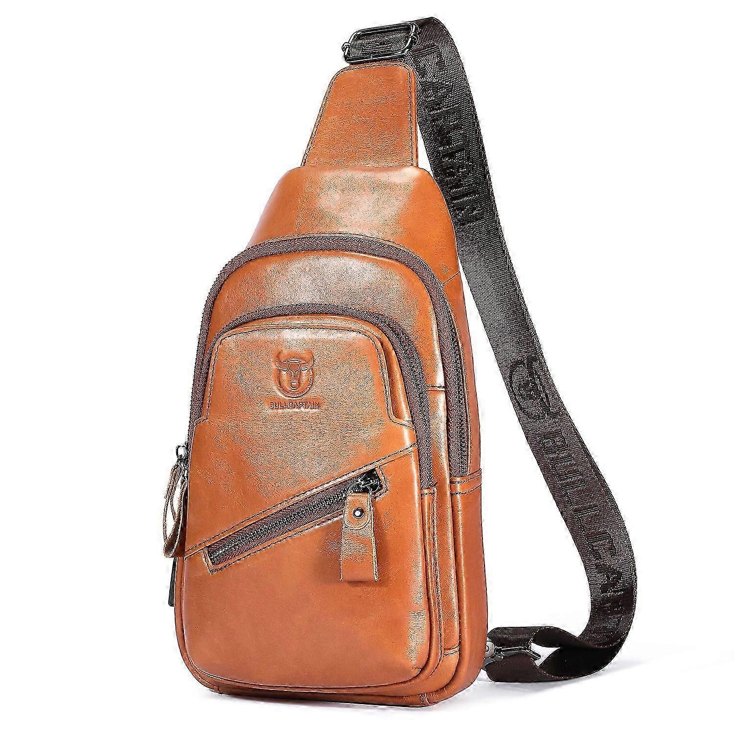 Bullcaptain 0127 Large Chest Bag Top-layer Cowhide Leather Crossbody Daypack With Usb Charging Port
