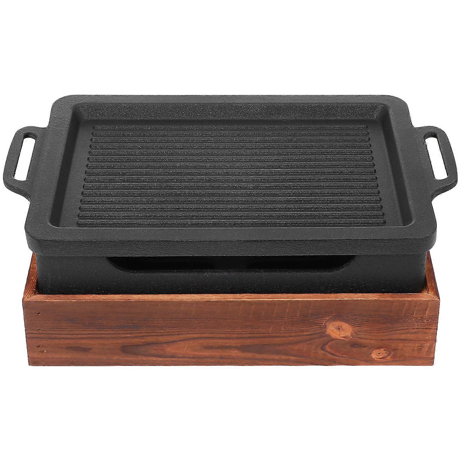 Grill Plate with Wood Base for Friends Who Like to Barbecue Black 27X19.5X10.5CM Non-Stick 1 Set