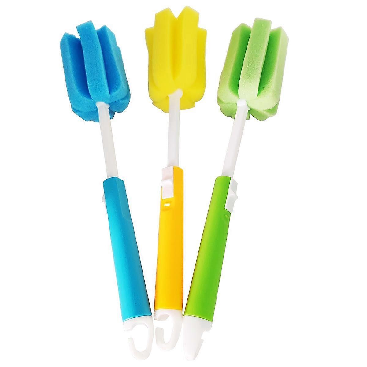 3 x Sponge Bottle Brush with Adjustable Handle, Soft Brush for Kitchen, Baby Bottles