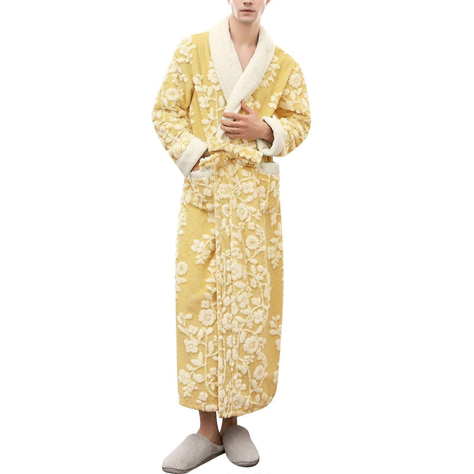 Men's Bathrobes, Ultra Soft Warm Collar Long House Robe, A2 Yellow 3XL