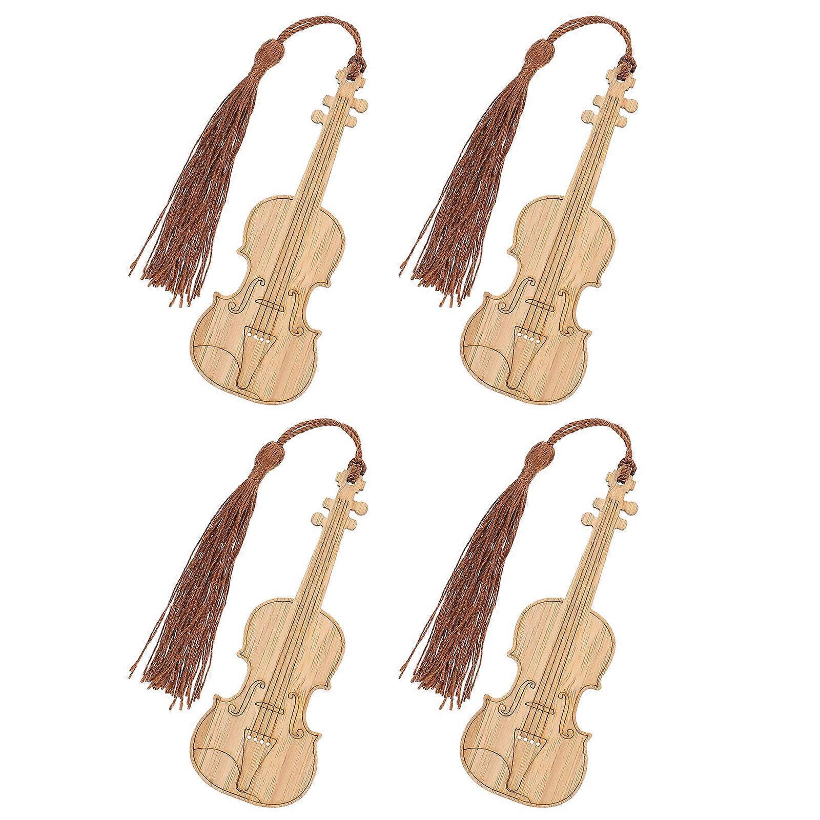 4Pcs Bamboo Book Page Markers Featuring Violin Shape Design Perfect For Home Office And Classroom Use In Brown With Tassel Decoration