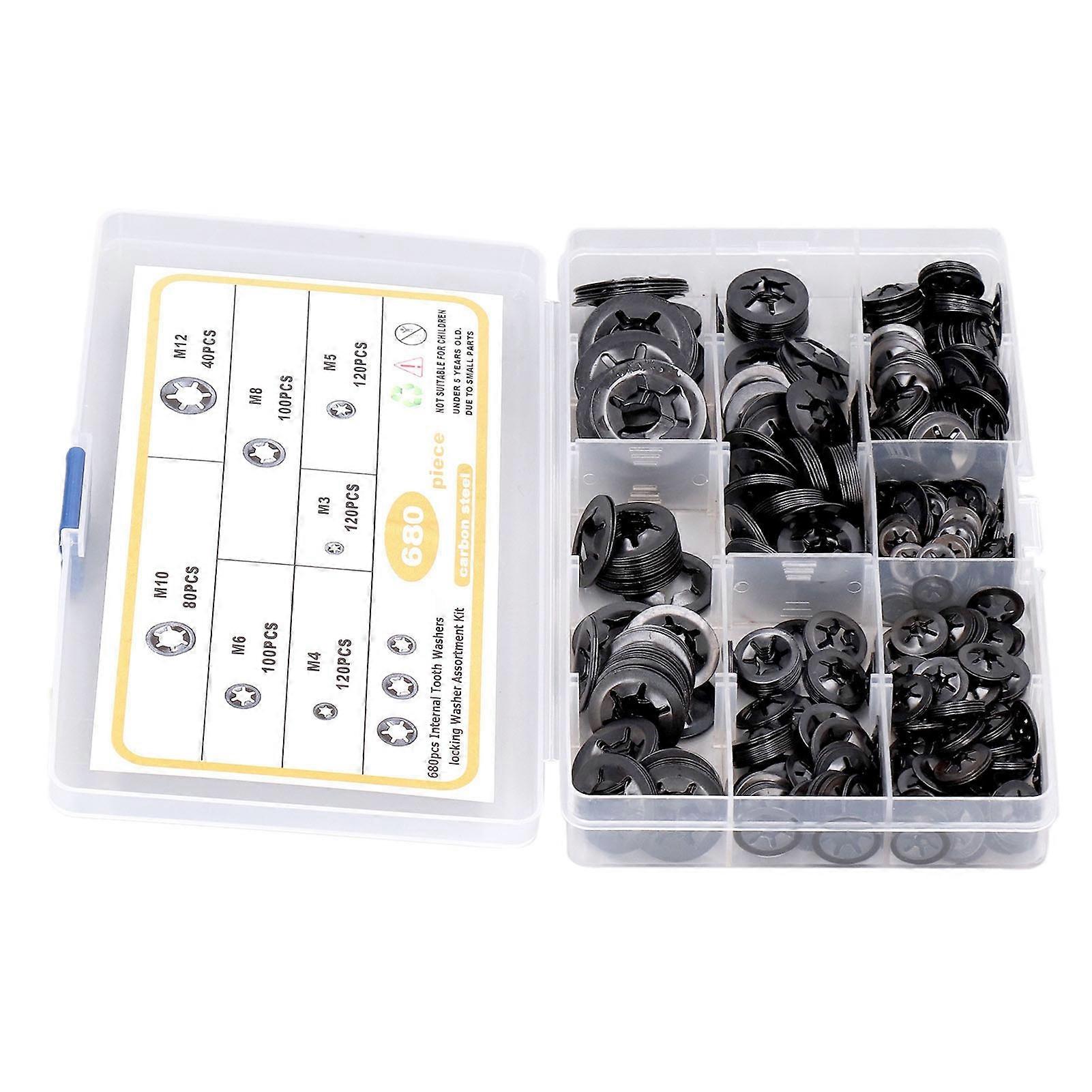680Pcs Sicherungsscheiben Flach Locking Interne Zahnscheibe Sortiment Kit Kohlenstoffstahl M3-M12