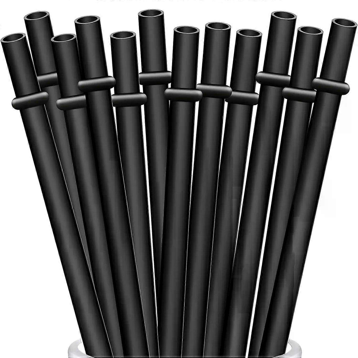 12-Pack Reusable Black Straws 105 Long Hard Plastic Tumbler Replacement Straws for 16/20/30 OZ Stanley Set of 10 with Brush
