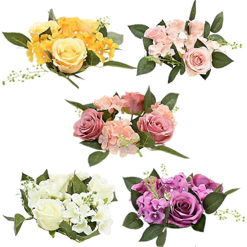 5pcs Candle Rings with Artificial Flowers for Decorative Table Centerpiece Wedding Wreaths