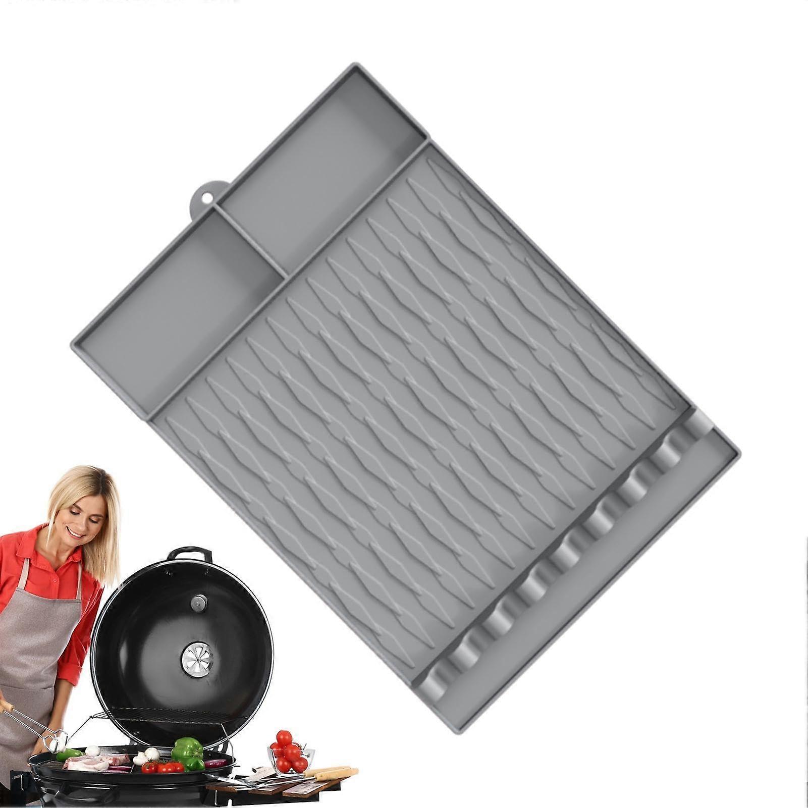 Silicone Spatula Mat, Heat-Resistant With Drip Pad, Reusable Utensil Holder For Outdoor Grilling, Gray Counter Mat