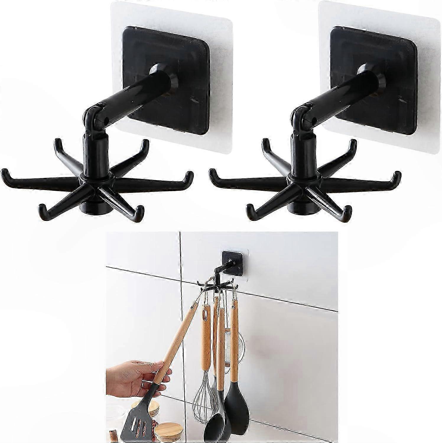 360-Degree Rotating Kitchen Hooks with 6 Storage Hooks, 2-Pack Tool Hanger for Utensils, No Drilling Required Wall Mounted Rack Organizer
