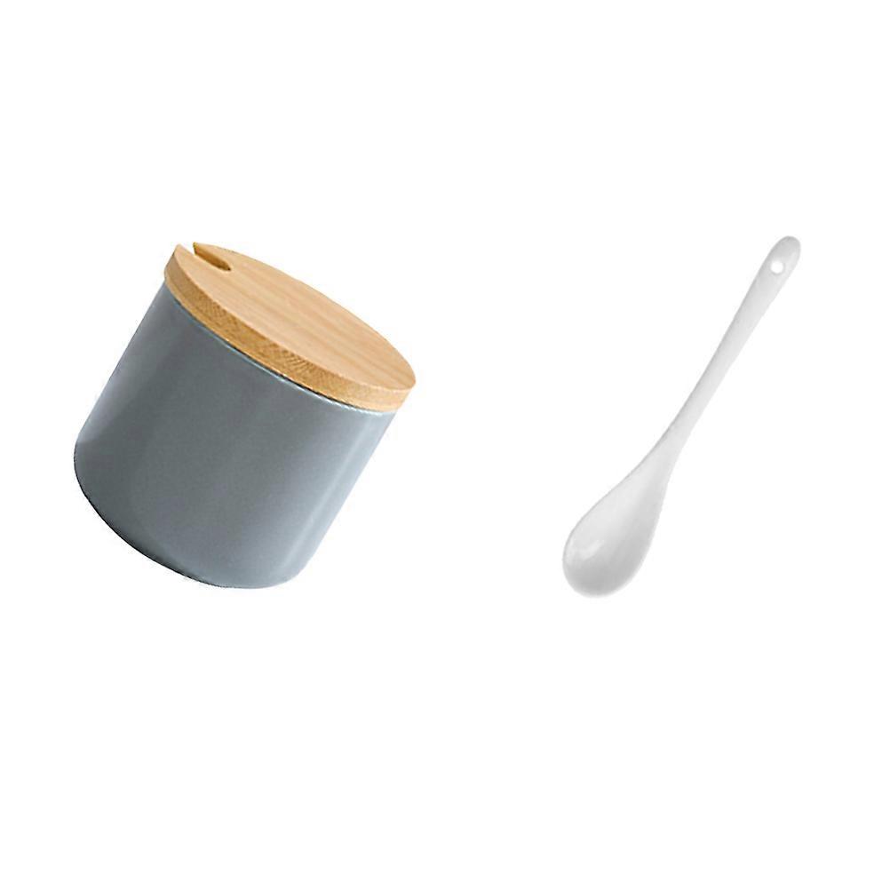 Porcelain Storage Jar Seasoning Pot Can Bar Use Grey Ceramic and Wood Easy to Clean 1 Set