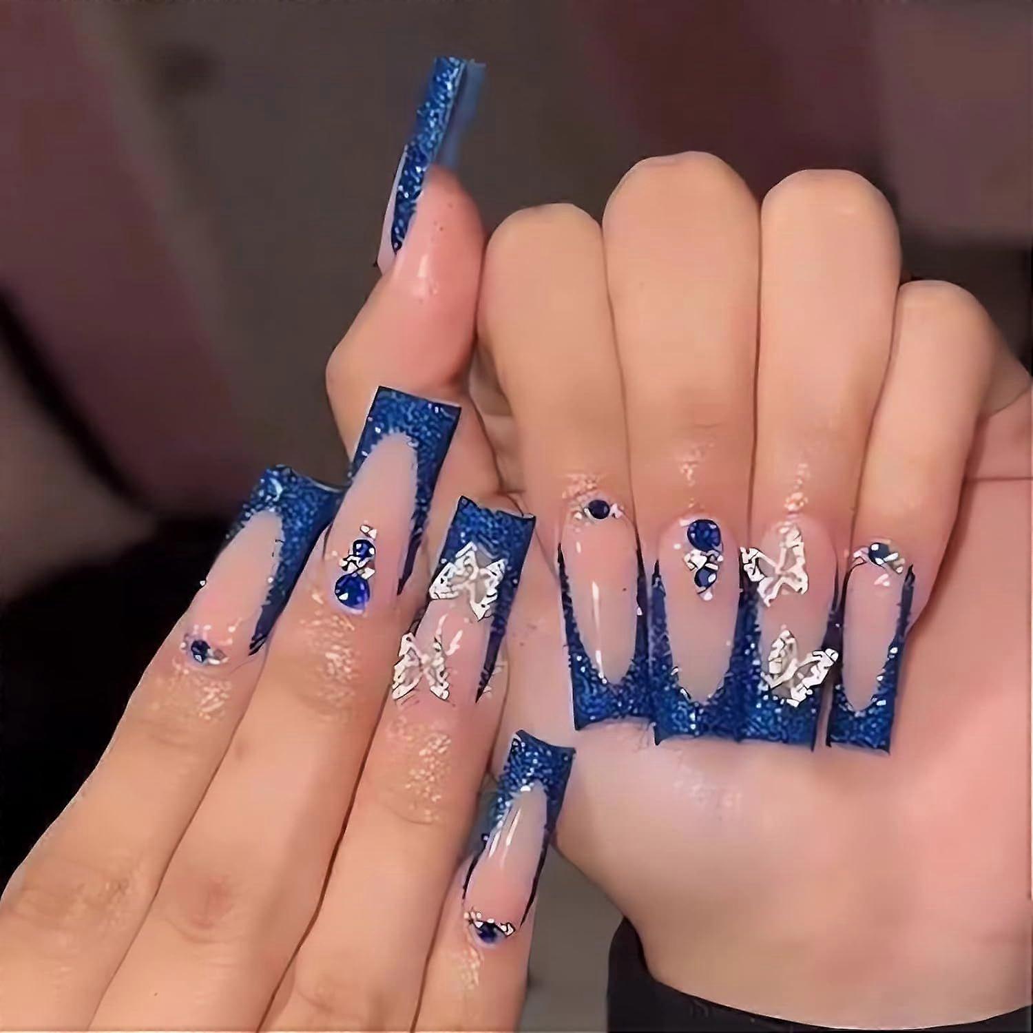 ネイルコフィンフレンチチップフェイクネイルブルーバタフライラインストーン偽のロングプレス