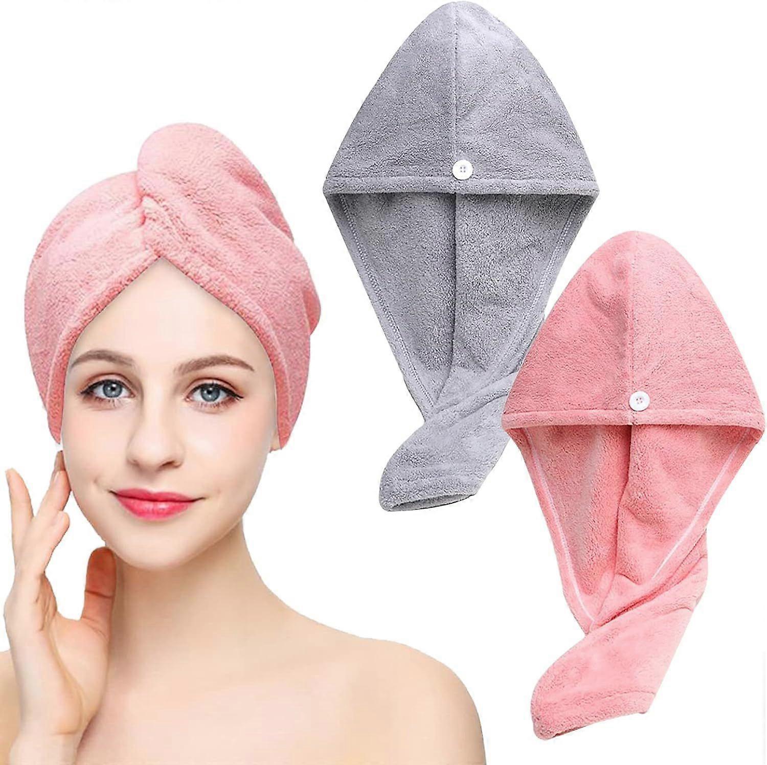 Hair Towel Turban, 2 Pack Hair Drying Towel with Buttons, Microfiber