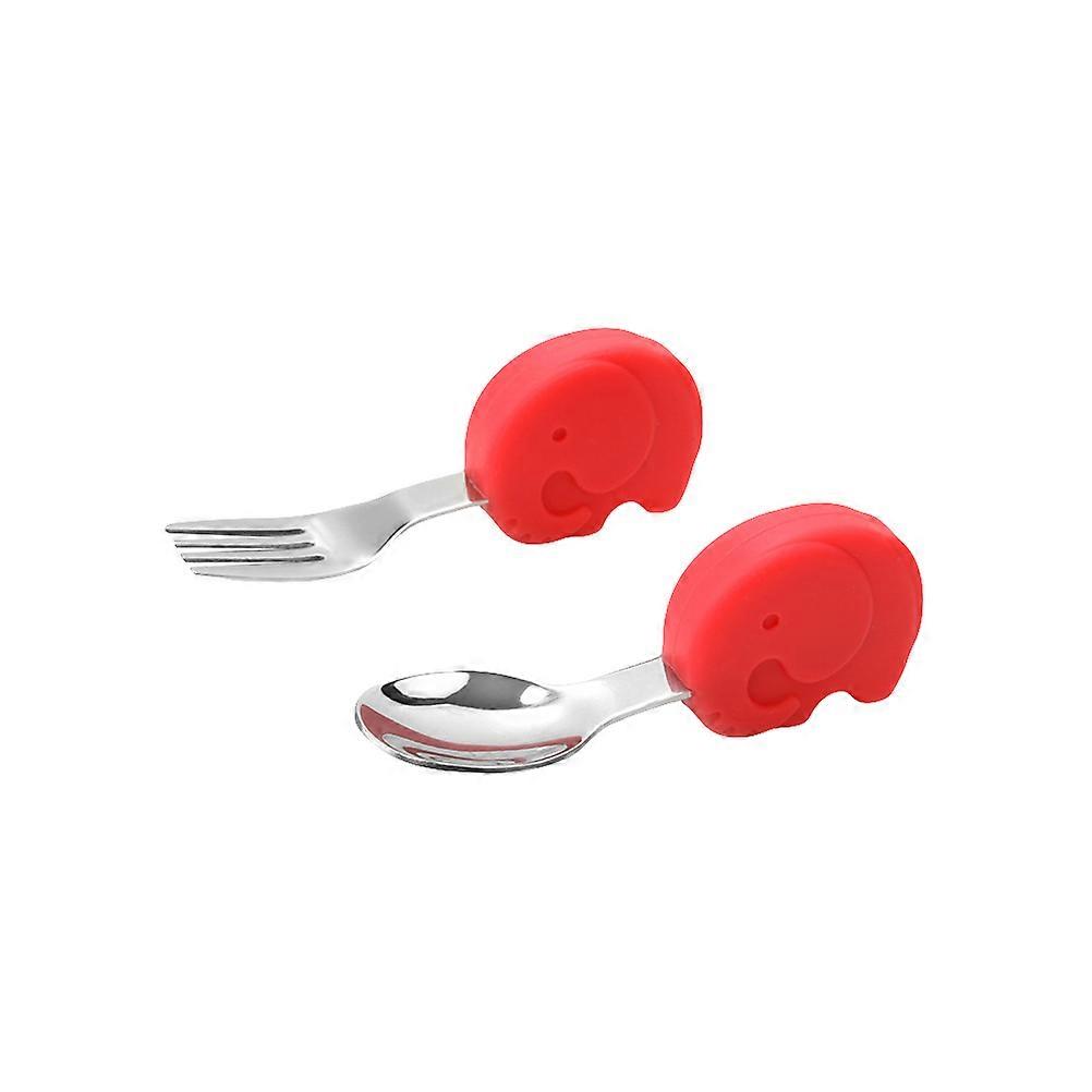 Durable Silicone and Stainless Steel Toddler Fork Spoon Set with NonSlip Handles for Babies Red