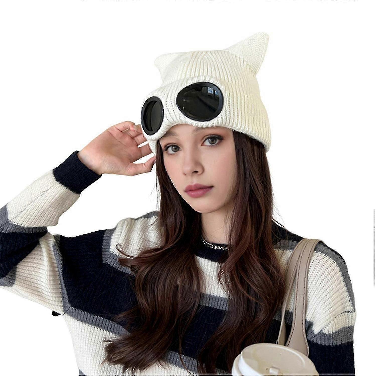 Winter Ladies Hat Kitty Head Solid Color Goggle Decor Ball Decor Demon Cap Windproof Elastic