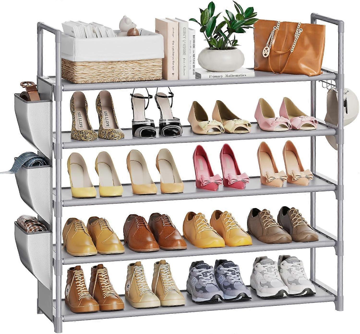 5-Tier Shoe Rack Organizer with Hooks & Side Pocket – Space-Saving Shoe Shelf for Closet Entryway, Grey (20-25 Pairs)