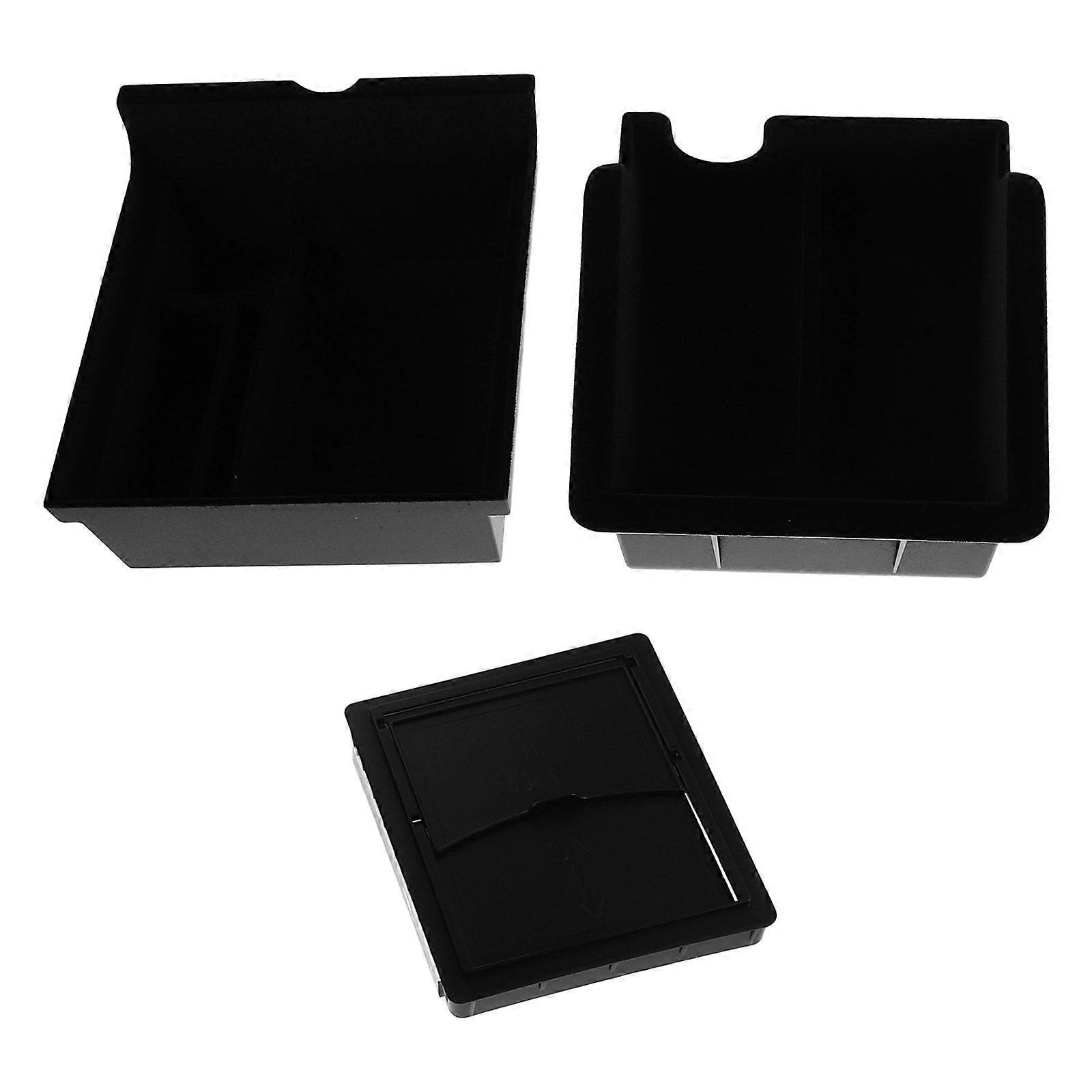 3pcs Center Console Organizer: Armrest Storage Tray And Hidden Storage Box 3 In 1 - Flock & Plastic Black - Compatible With Tesla Model Y/3 Juniper 20