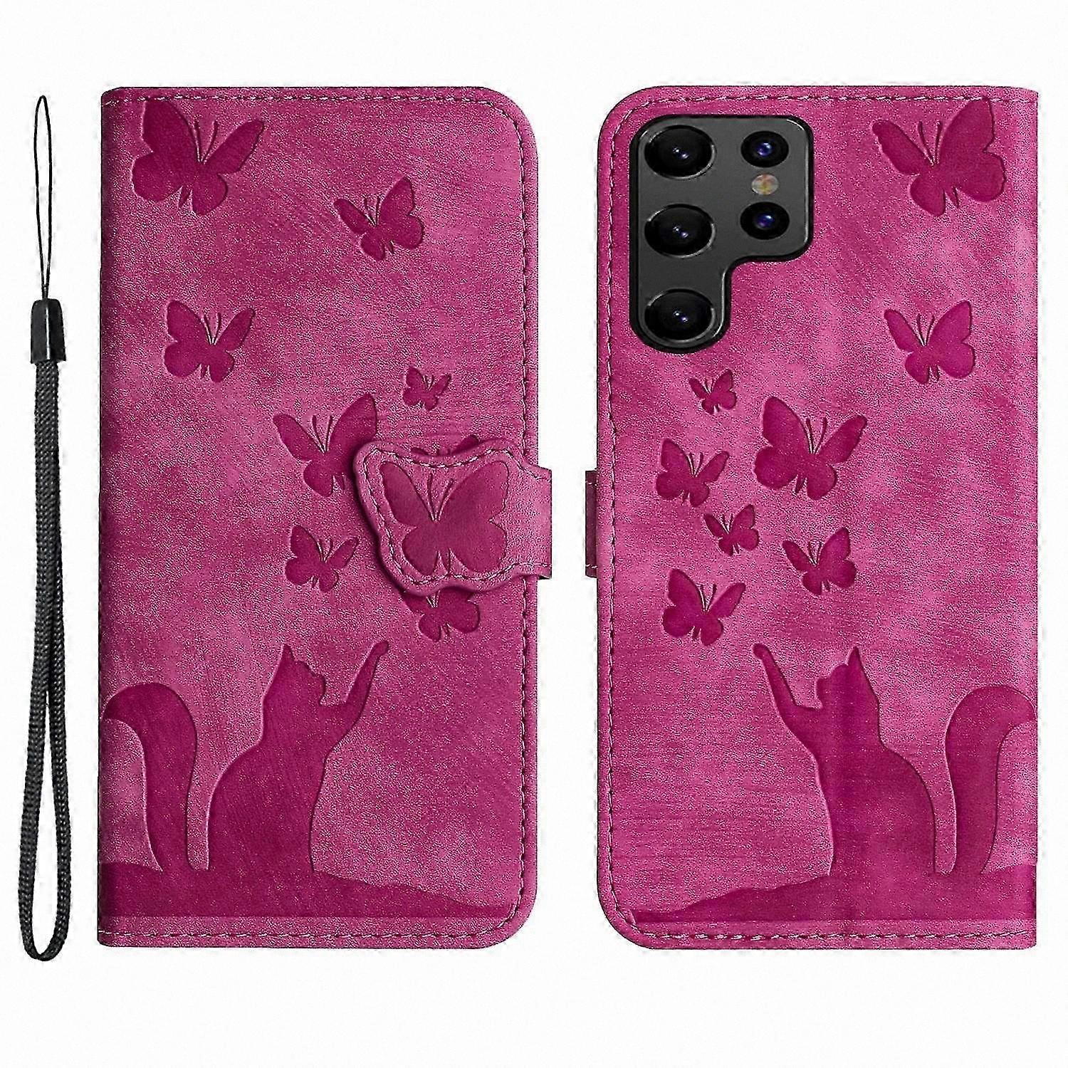 Phone Case with Leather Book Flip Cover, Stand Function, Butterfly Cat Pattern Design