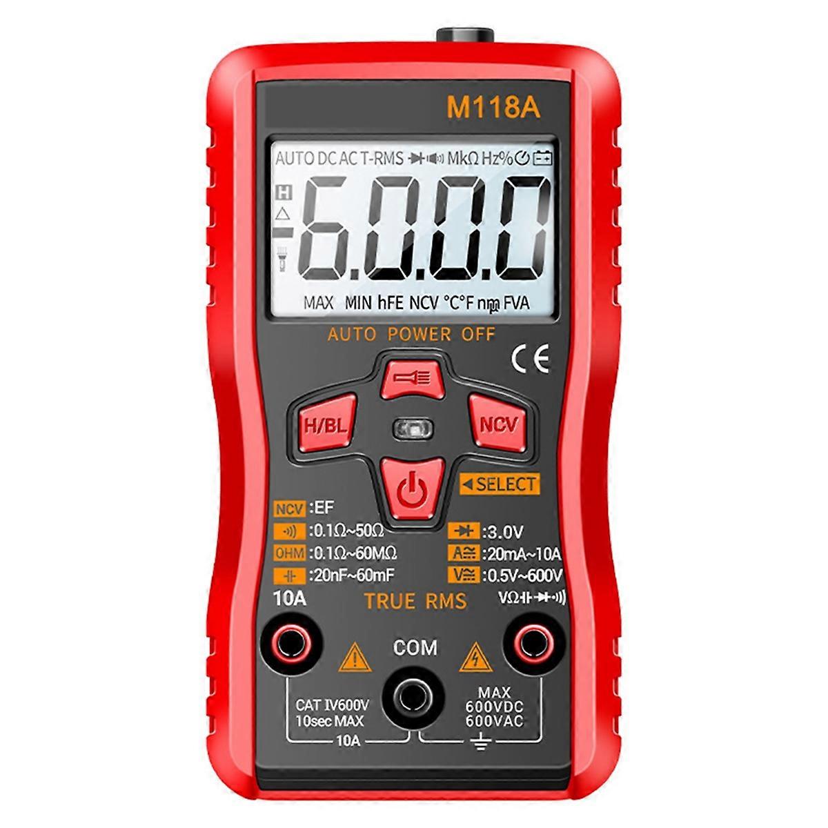 M118A Digital Multimeter True RMS Auto Range 6000 Counts NCV Data Hold Flashlight Transistor Testing