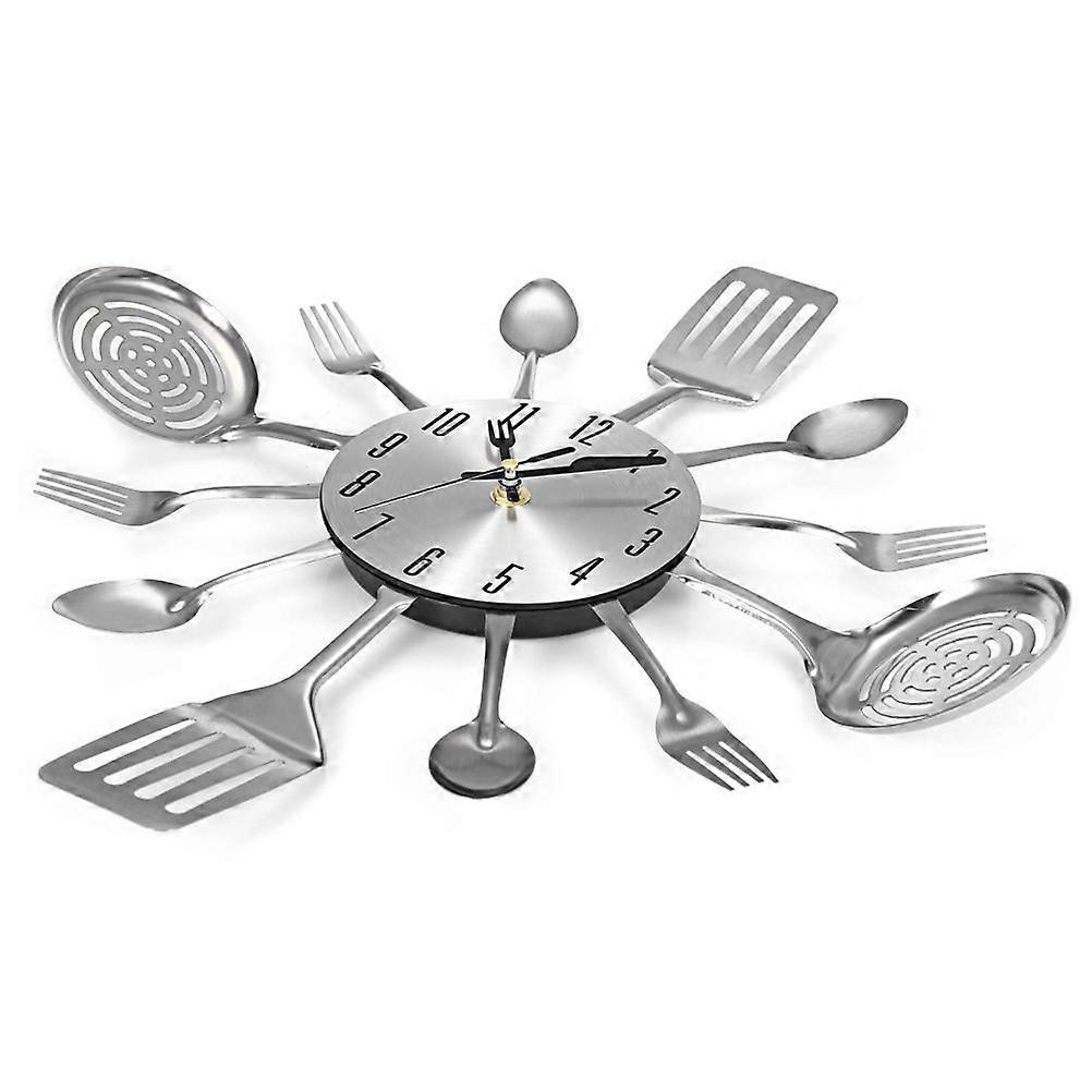 Modern Clock for Kitchen Clocks 2Pcs Metal Cutlery Design Silver Wall Clock