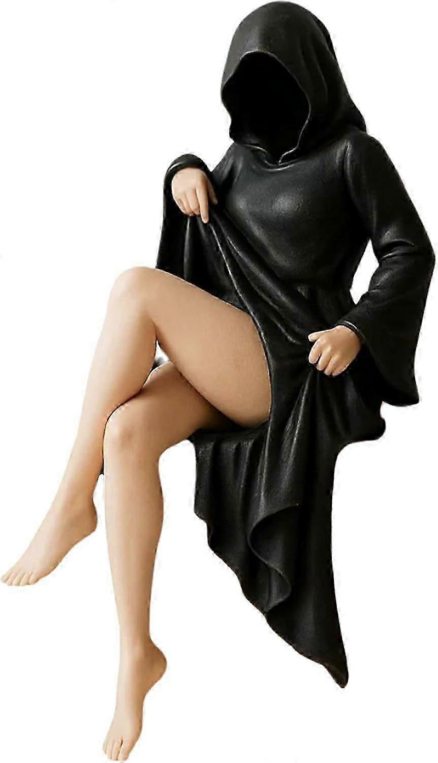 Mysterious Statue, Gothic Spooky Sculpture Tabletop Figurine Statue, Resin Death Black Robe Queen Bookshelf Figure Sitting Statue, Sturdy Shelf Decora