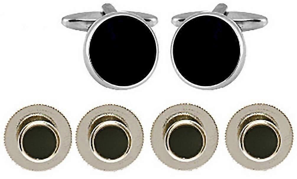 David Van Hagen Round Cufflinks and Dress Stud Set - Black/Silver