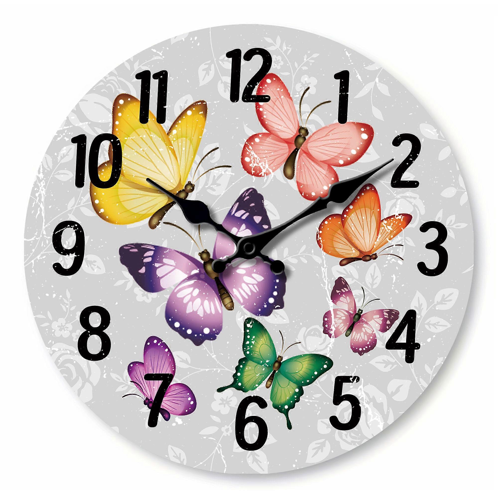 1pc Retro round wooden wall clock, 7 beautiful colorful butterfly and flower patterns designed wall clock, silent clock, home de
