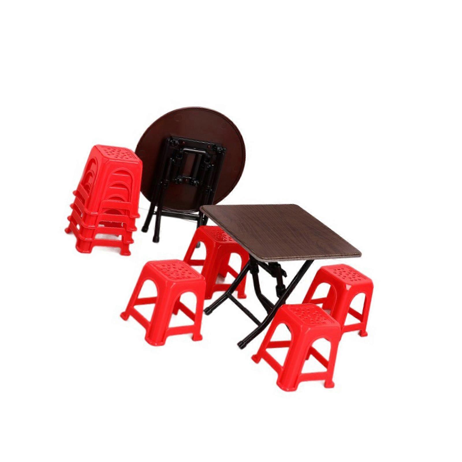 Classical Red Plastic Stools And Folding Dining Table Set 1/12 Scale Miniature Doll House Furniture For Model Collectors Multicolor