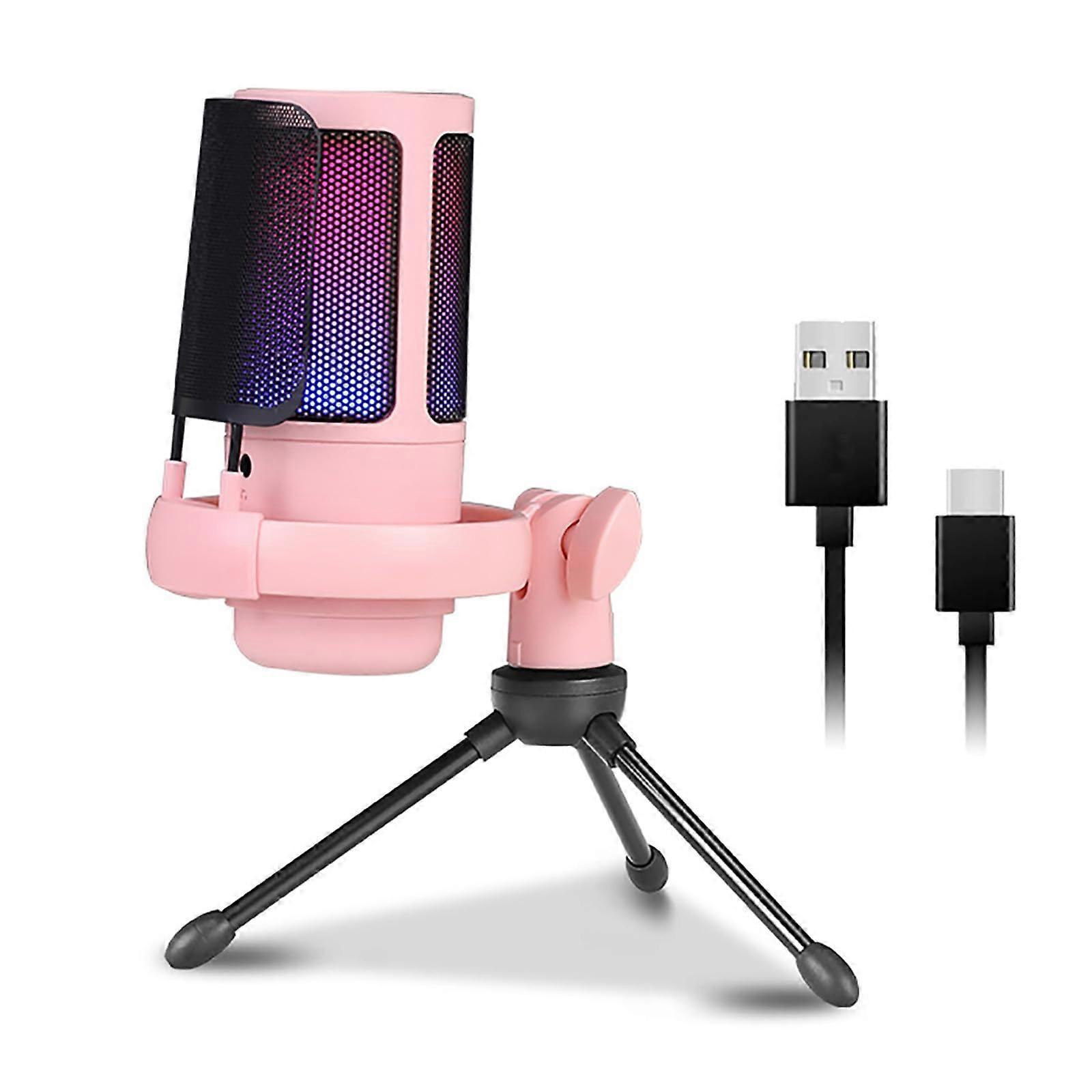 USB Condenser Microphone 192 kHz, Adjustable Lighting, For Gaming, Streaming, Podcasting, Pink USB Mic