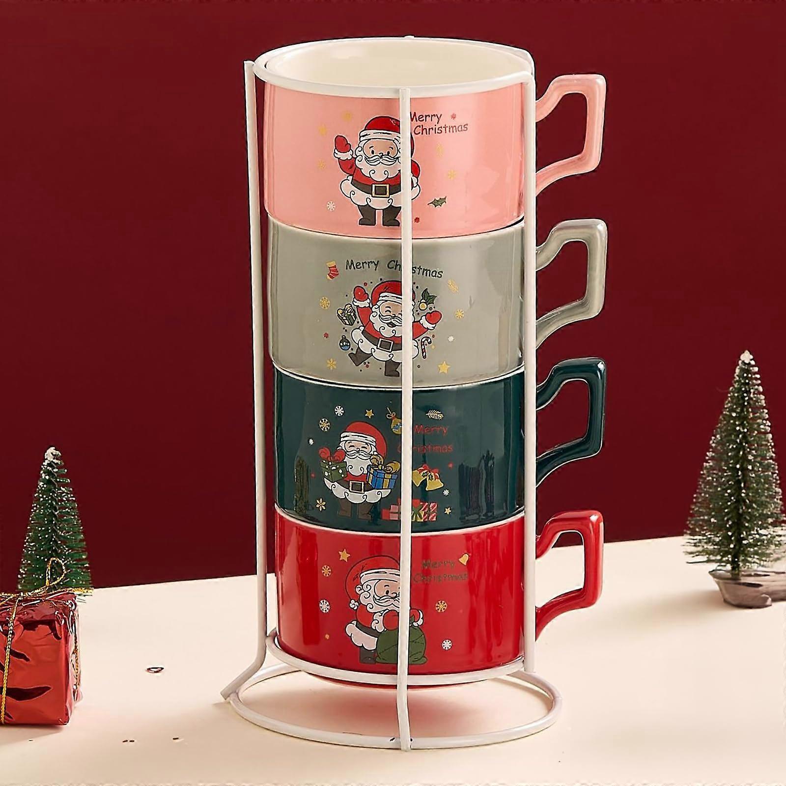 Stackable Christmas Mugs Set of 4, Durable Ceramic Holiday Coffee Cups with Rack for Cocoa and Tea
