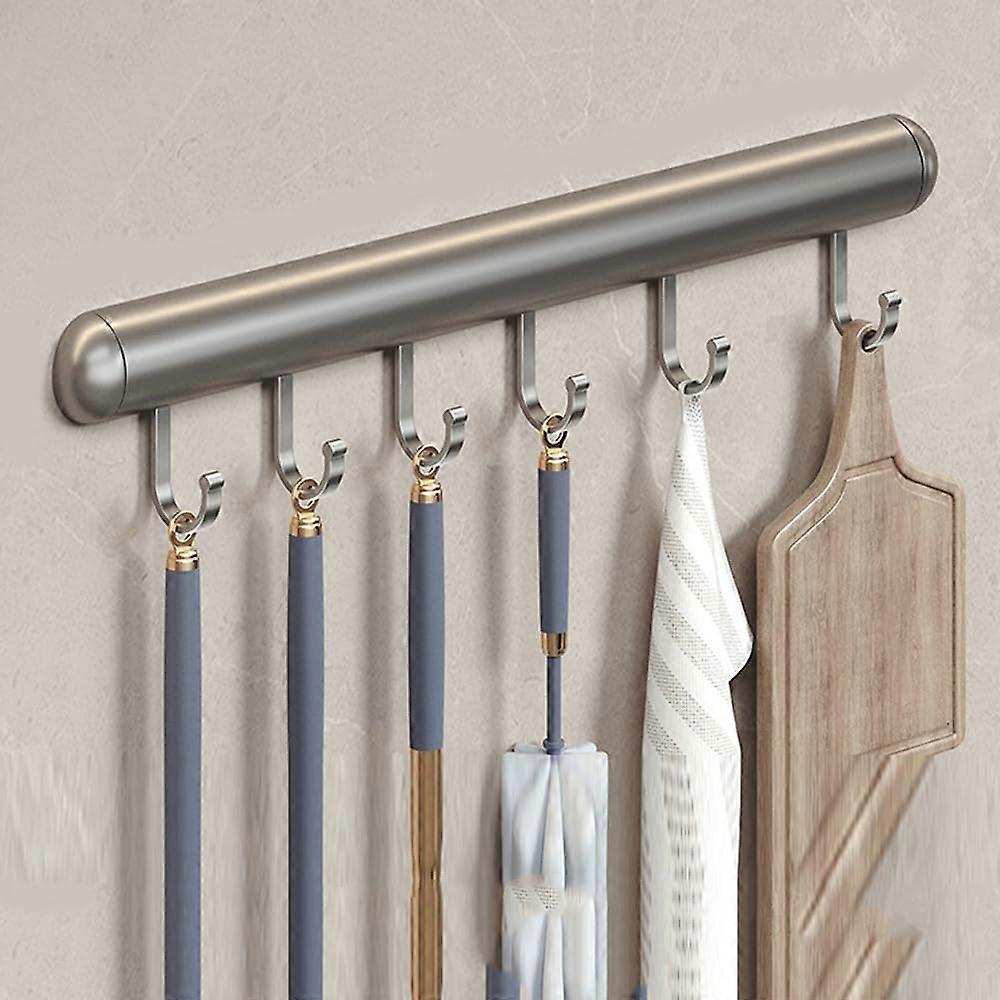 Wall Mounted Kitchen Hooks Rack, 6 Hooks Movable Without Drilling, Space Aluminum Storage for Pans and Spoons, Gray