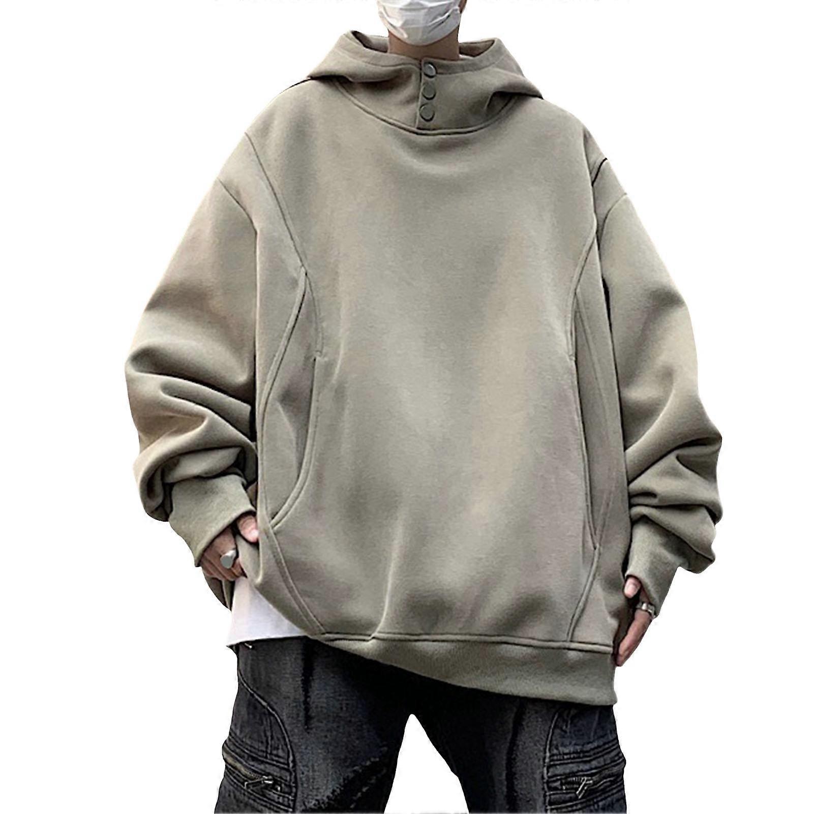 Fall Winter Men Hoodie with Big Pockets Buttoned Hood Loose Elastic Cuff Warm Pullover Mid Length