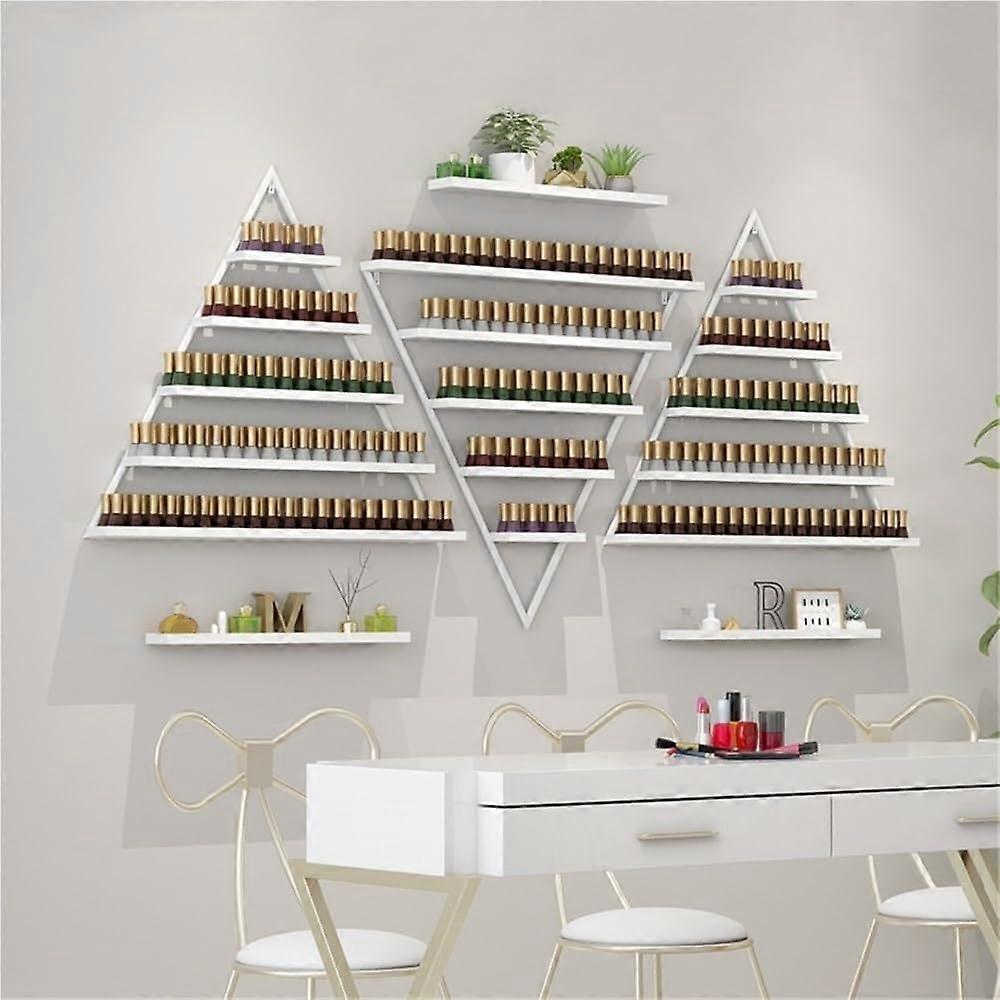 White Metal Nail Polish Display Rack, Triangular Wall Mounted Storage Shelf for Nail Salon