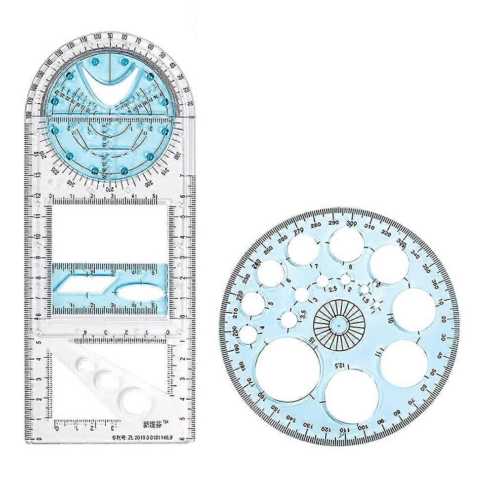 2 Pcs Multifunctional Geometric Ruler Plastic Circle Drawing Tool Drafting Templates Clear Graphic Design Tools