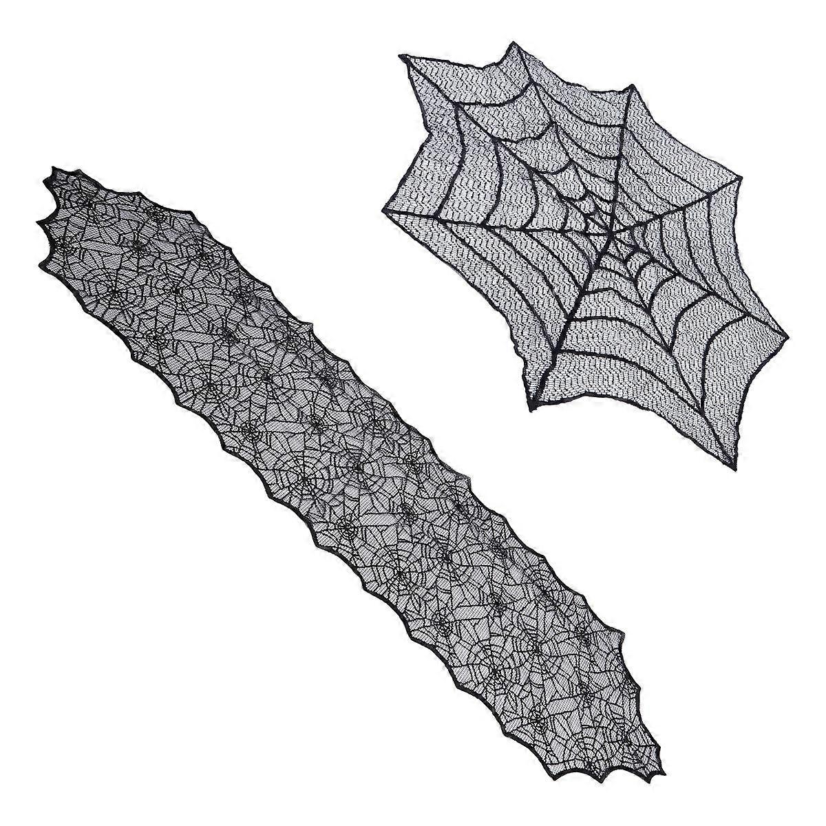 Black Halloween Tablecloth Polyester Spider Web Cloth for Decor 2Pcs