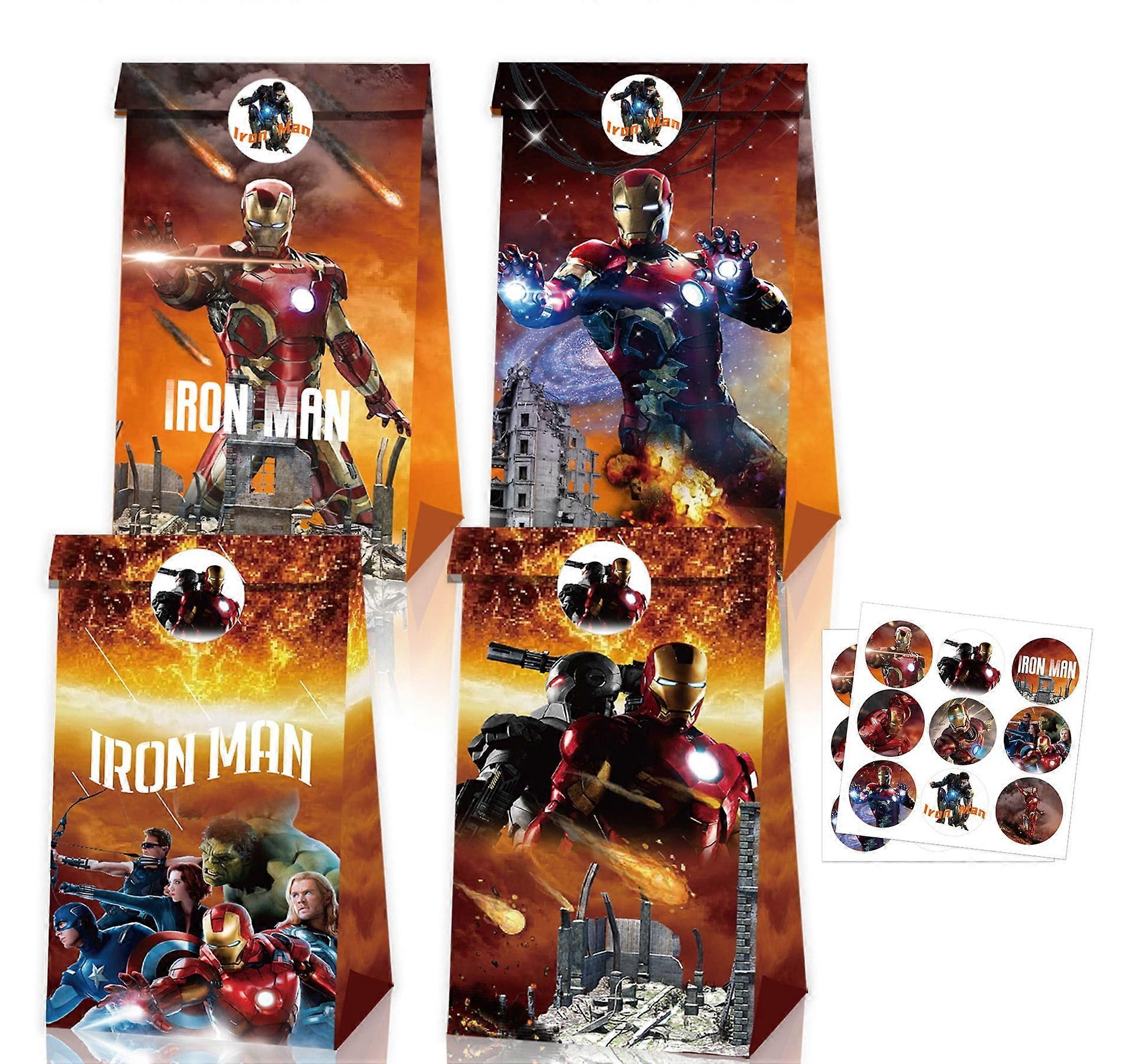 12 PCS Party Favor Candy Bags for Iron Man Themed Birthday Supplies Decor Kraft Paper Gift Bag.