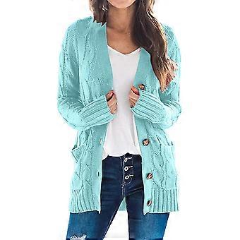 Cardigã feminino azul claro de manga comprida e modelagem ampla, com gola redonda e cor sólida – Ideal para ocasiões casuais.