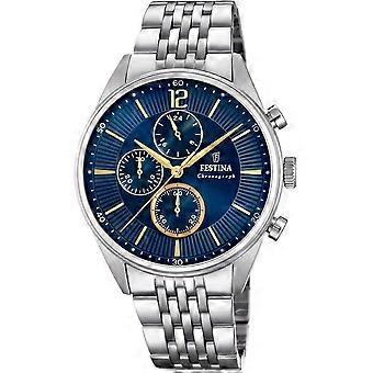Festina Prata Aço Inoxidável Cronógrafo Atemporal F20285/3 Relógio Masculino