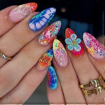 Almond Press On Manicure Set with Ocean Inspired 3D Crab and Starfish Design, 24 Pieces in 12 Sizes for Quick Style Changes and Outings Multicolor