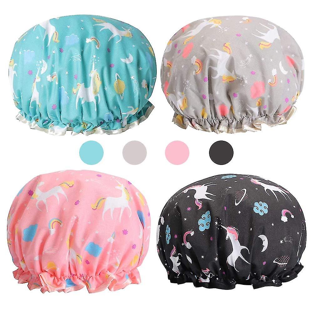 Shower Cap Women 4 Pack, Waterproof Double Layer Shower Cap Elastic Bath Cap Reusable