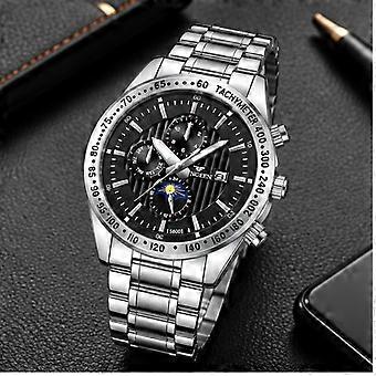 Reloj de cuarzo para hombre, acero plateado, esfera negra, 6 manecillas, calendario, resistente al agua, ideal para estudiantes.