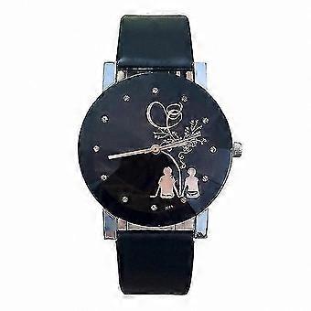 Back View Pattern Black Leather Strap Quartz Watch for Women & Couple