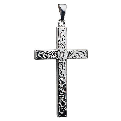 Silver 55x33mm victorian hand engraved solid block Cross with bail