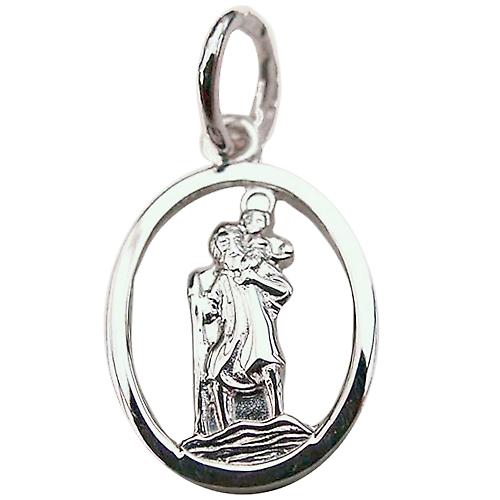 Silver 14x11mm oval pierced St Christopher Pendant