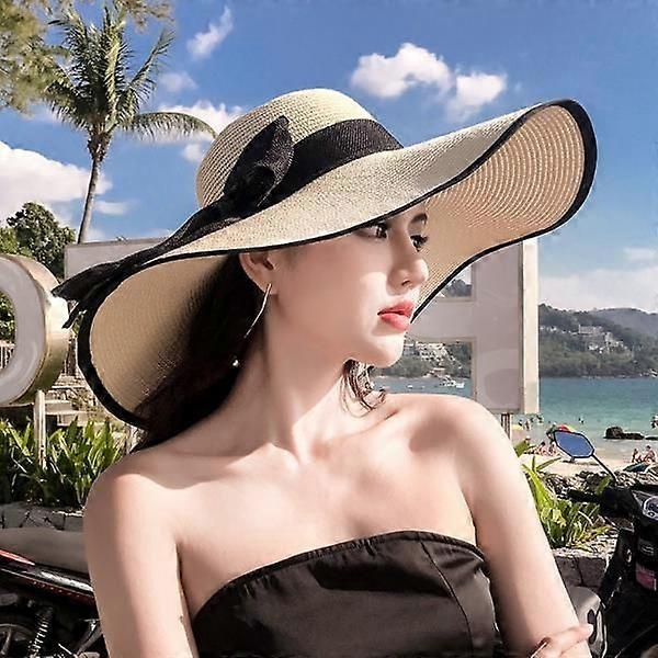 Ladies Sun Hat Wide Brim Summer Beach Hat, Foldable Travel Straw UV Protection, Mature Fashion, Off-