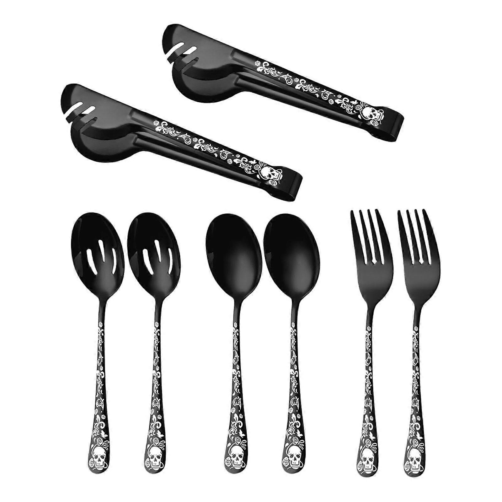 Set di posate di Halloween Skull Pattern Pinze Robusti Cucchiai e Forchette Stoviglie 8 pezzi