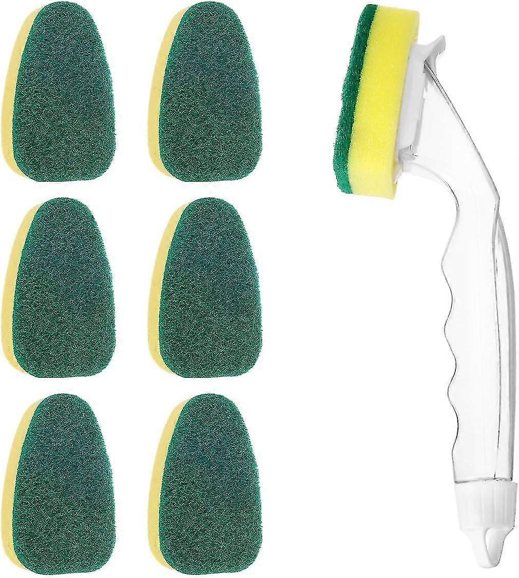 Baguette à vaisselle robuste, éponge à vaisselle avec poignée, 1 baguette à vaisselle avec 7 têtes de remplacement de recharge, éponge à gommage pour cuisine, évier, salle de bain